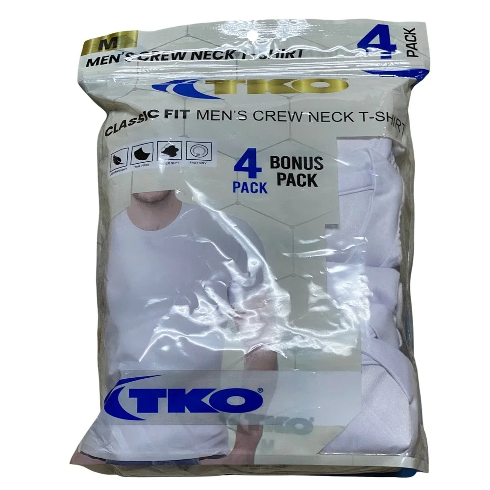 TKO Mens Crew Neck T-Shirt‎ 4 Pack Classic Fit White Polyester Size Medium NWT